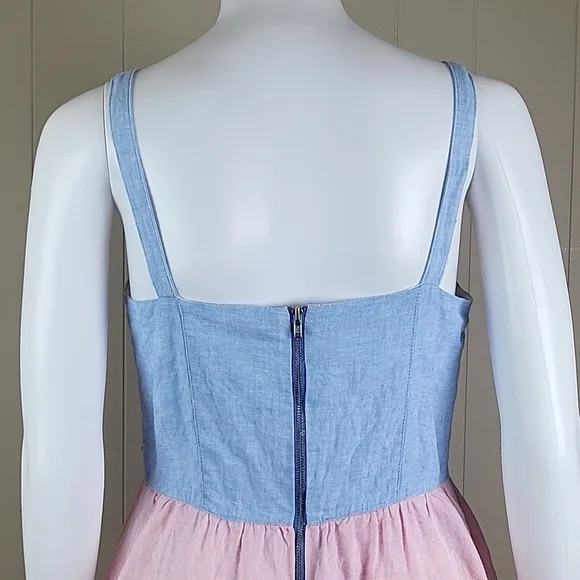 Cynthia Rowley 100% Linen Pink & Blue Chambray Color Block Tiered Sundress - Picture 9 of 16